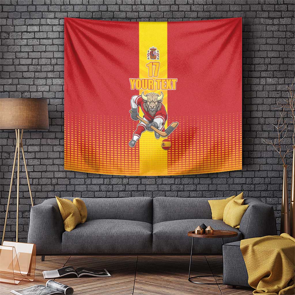 Red and yellow field hockey tapestry with bull goalie mascot and 'YOUR TEXT' lettering