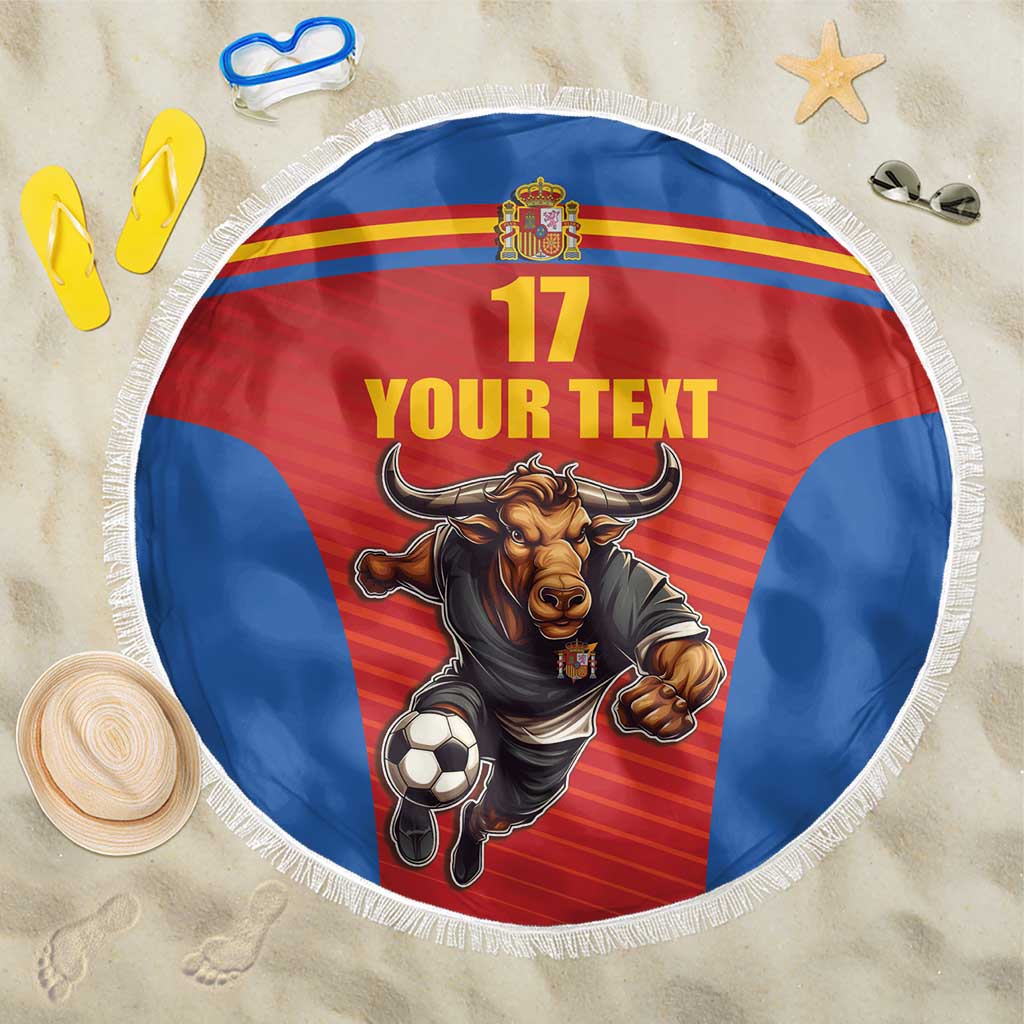 Round Spain-themed beach blanket with bull mascot, soccer ball, and fringe border