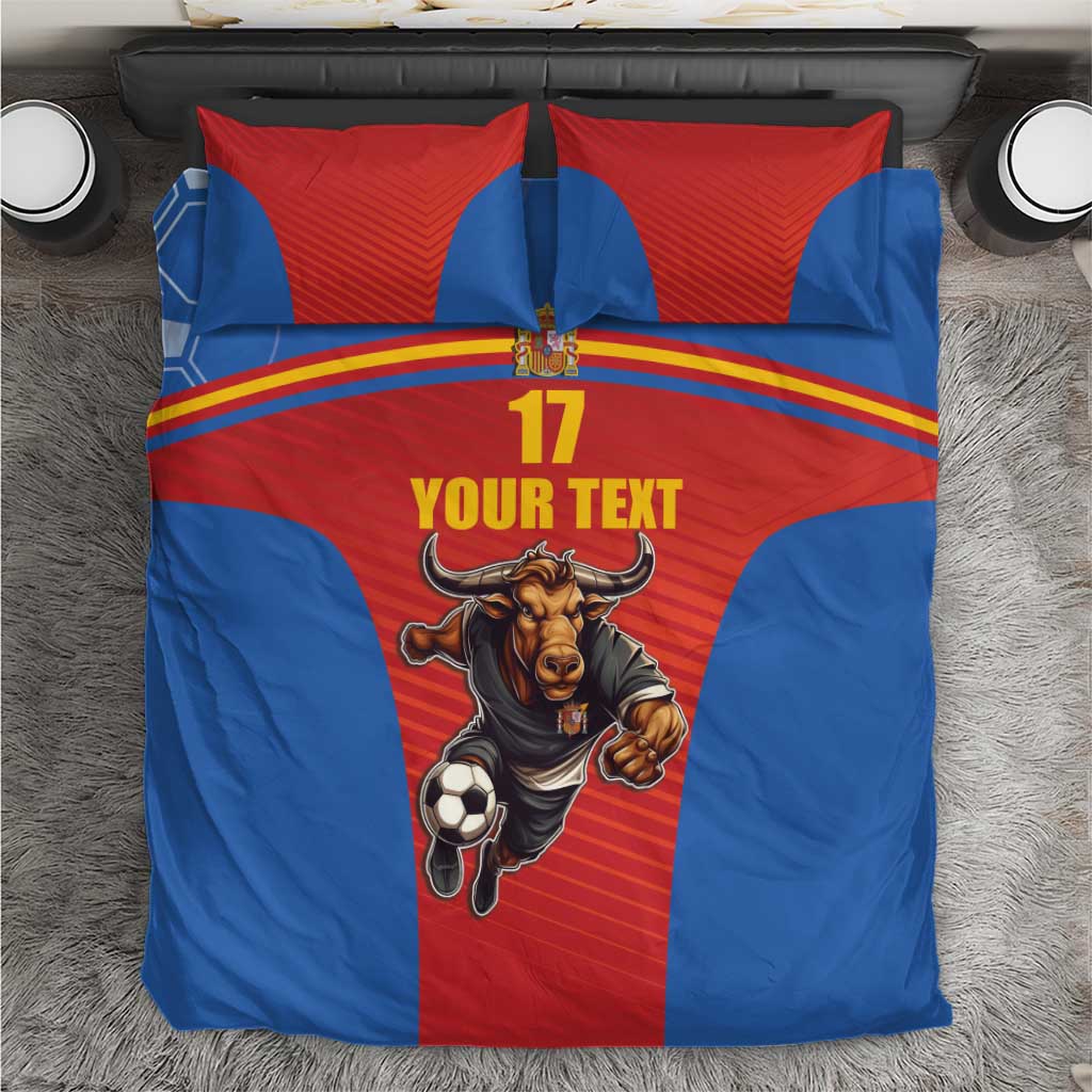 Soccer bedding set in blue and red with bull mascot, number 17, and two pillow shams