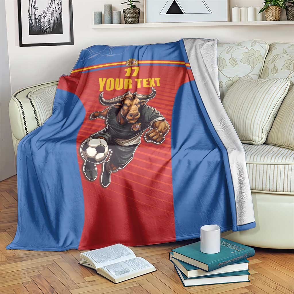 Custom Spain football blanket in blue and red with bull mascot and number 17