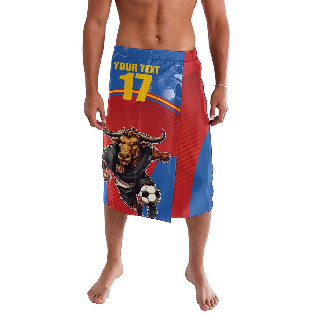 Red and blue sports wrap skirt with bull mascot and soccer ball graphic