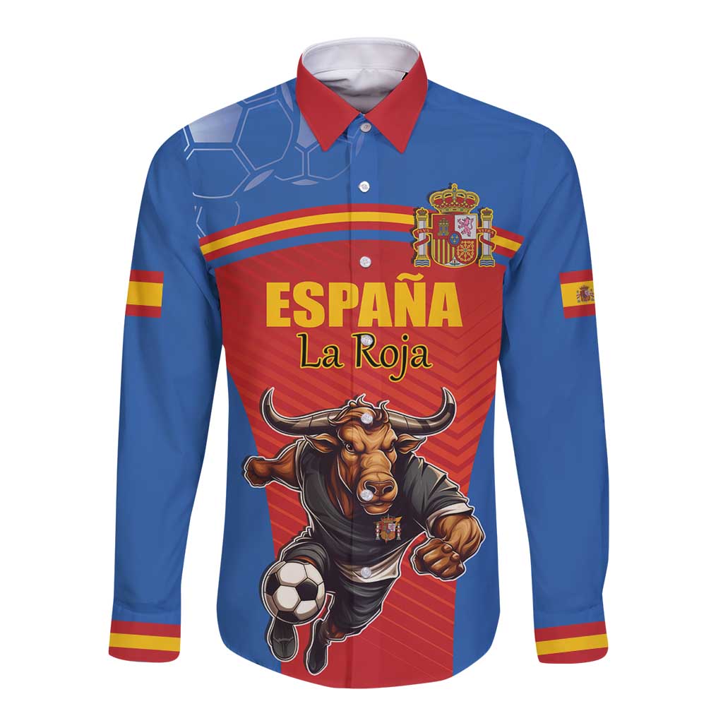 Spain long-sleeve button shirt in blue and red with bull mascot, crest, and stripes