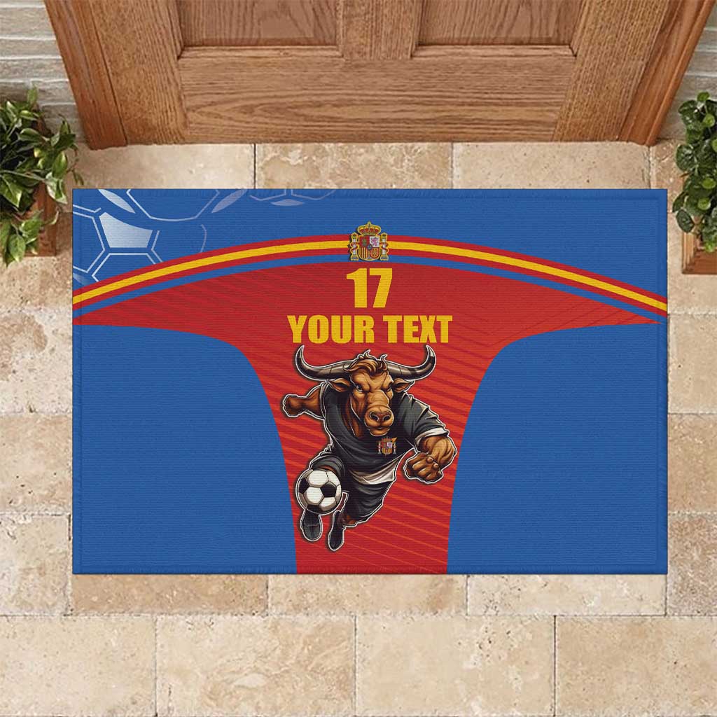 Blue rubber soccer doormat with bull mascot, ball, and red center with number 17
