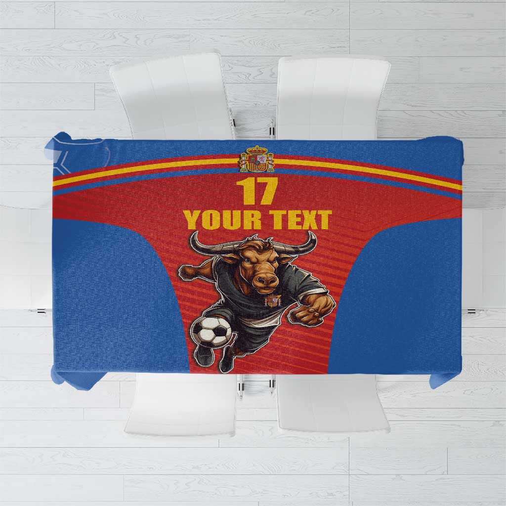 Red and blue soccer tablecloth with Spain bull mascot and '17' graphic, rectangular
