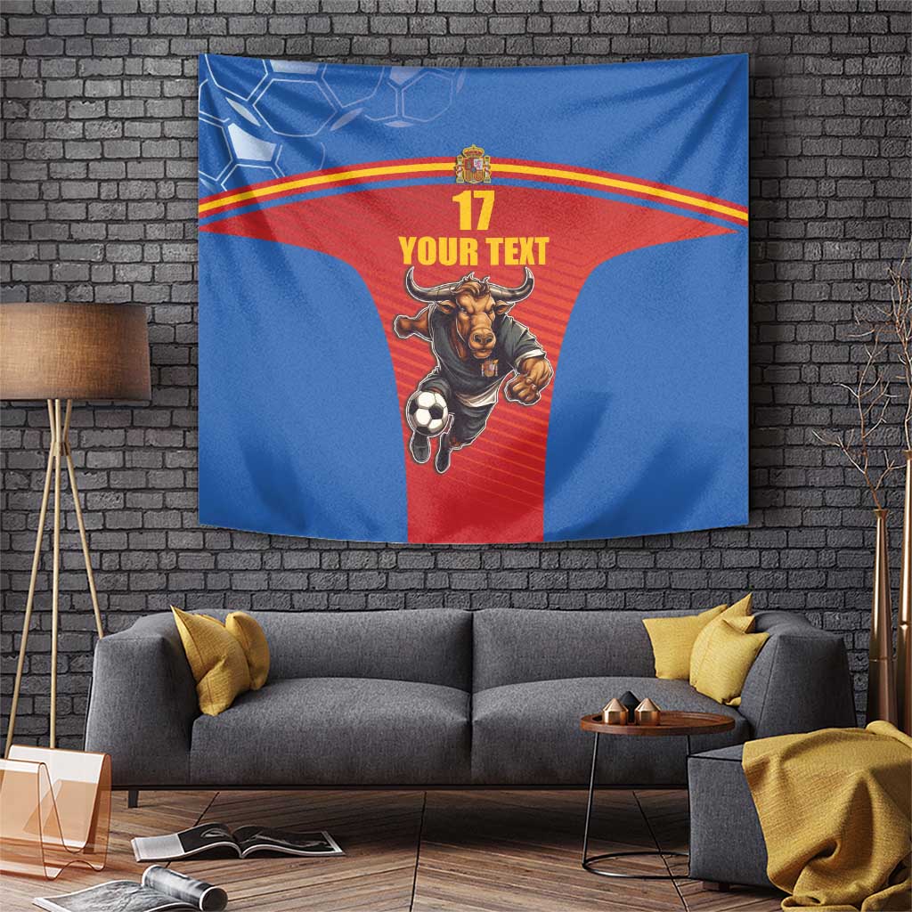 Blue and red football wall tapestry with bull mascot, soccer ball, and number 17