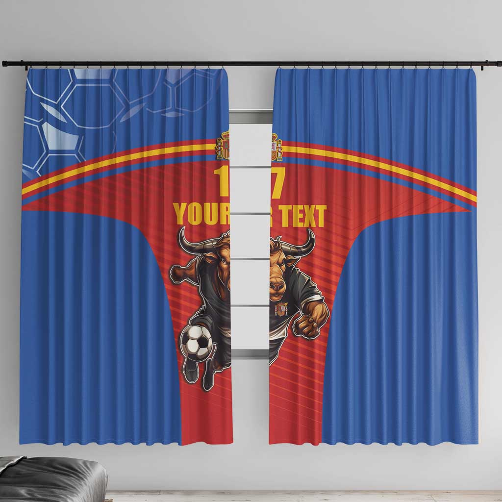 Football window curtain set with blue and red panels, soccer bull mascot and yellow text