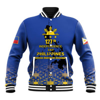 Blue baseball jacket with ribbed collar, zipper, and front Independence Day graphic