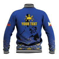 Blue baseball jacket with ribbed collar, zipper, and back map graphic with text