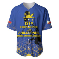 Blue baseball jersey with v-neck and front Independence Day graphic, stars and text