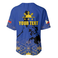 Blue baseball jersey back with 'YOUR TEXT' map graphic, stars and sun