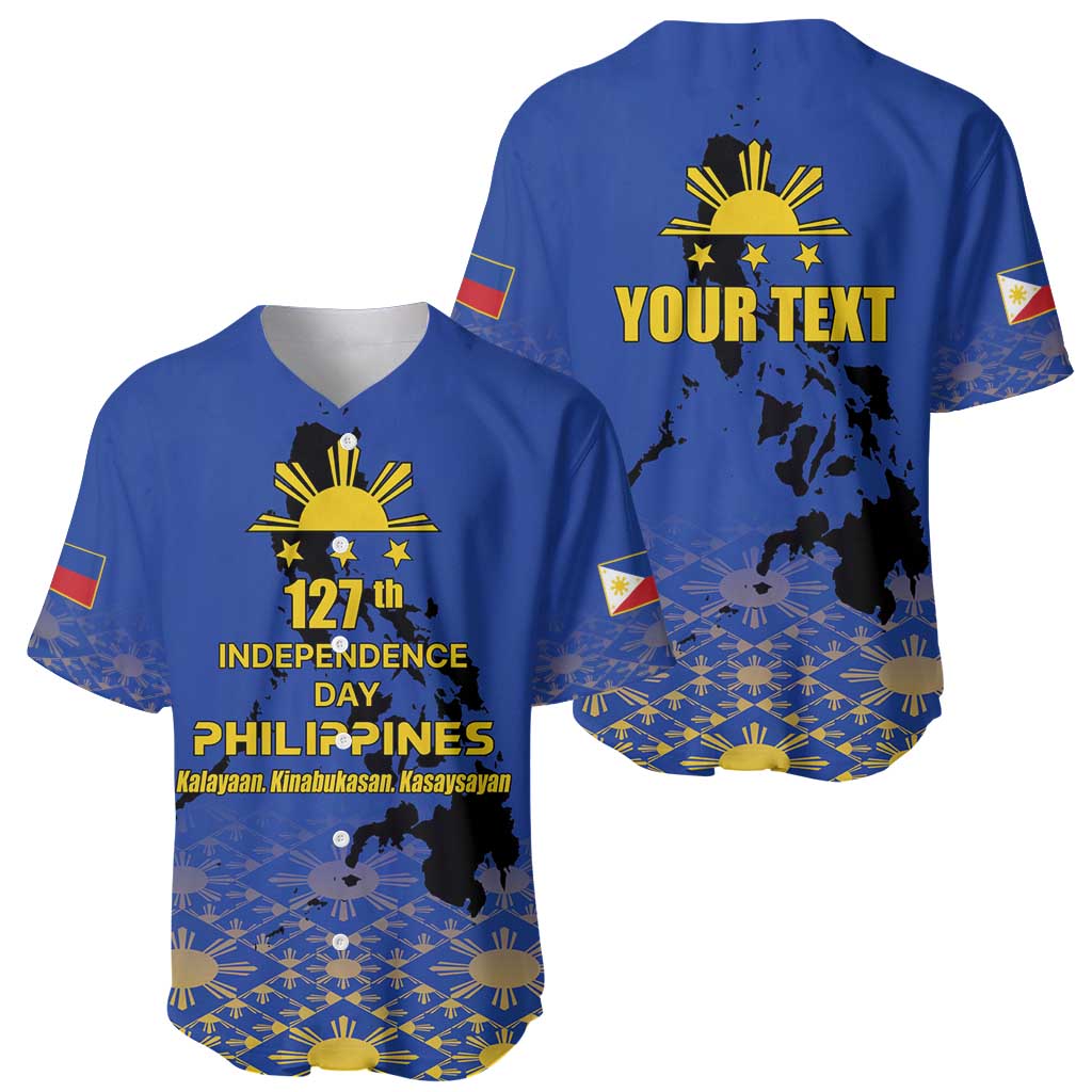 Two blue baseball jerseys shown together, one with Independence Day front print