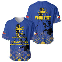 Two blue baseball jerseys shown together, one with Independence Day front print