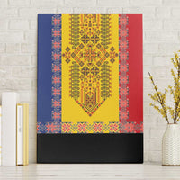 Framed canvas wall art with yellow and red traditional embroidery pattern panel