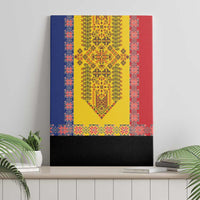 Framed canvas wall art mounted on wall with black bottom trim and red, blue, yellow pattern