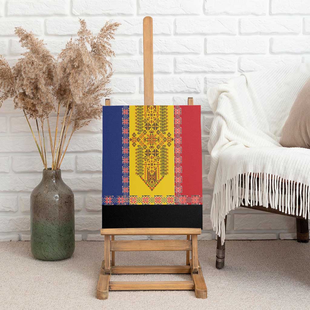 Framed canvas wall art displayed on wooden easel with colorful embroidery panel