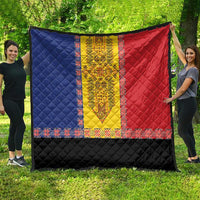 Large traditional quilt with blue left, yellow center stripe, red right, and black base