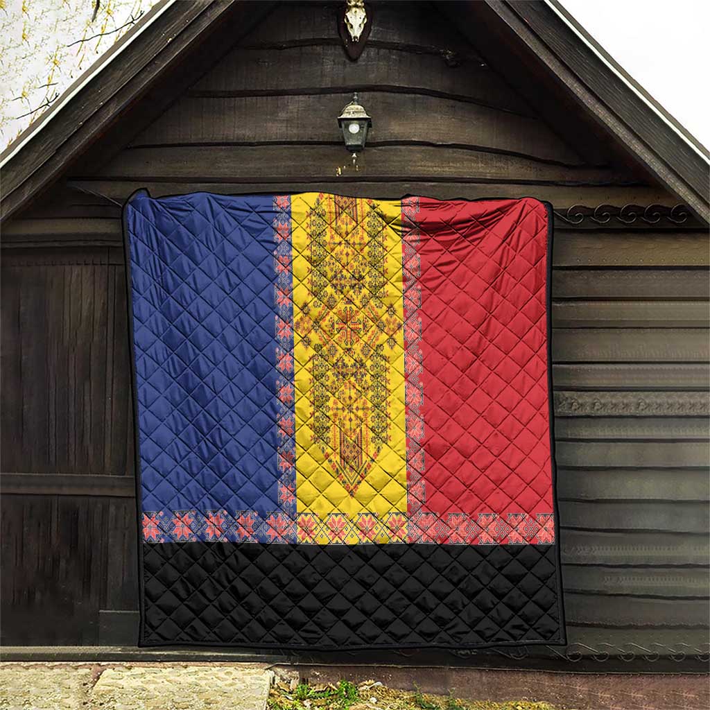 Traditional quilt hanging on a porch: blue left, yellow stripe, red right, black lower panel