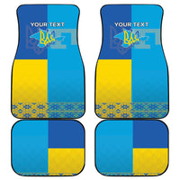 Four car floor mats, blue and yellow map and emblem pattern with 'YOUR TEXT' space