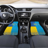Set of 4 car floor mats in blue and yellow with emblem design and custom text