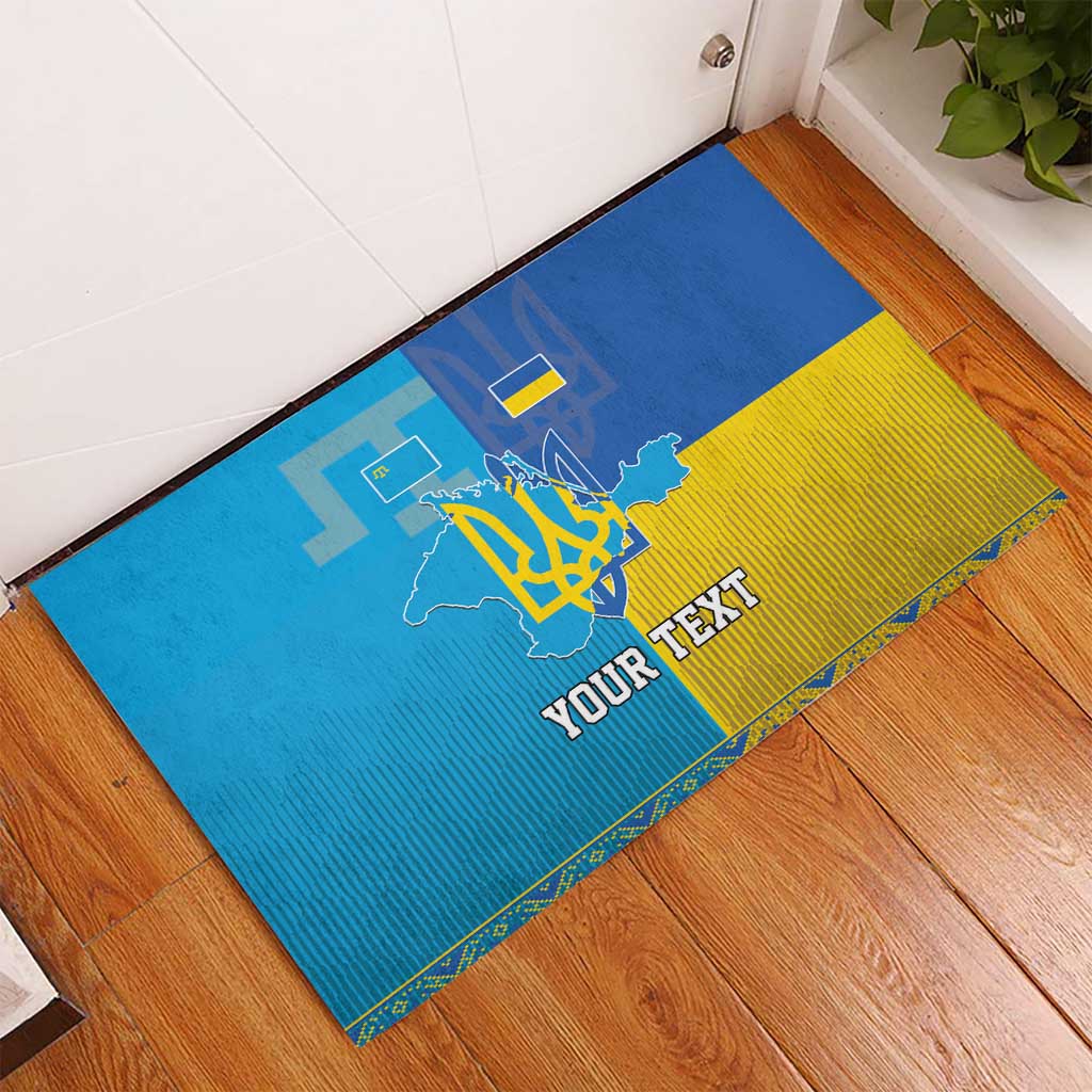 Blue and yellow rubber doormat with Crimea map emblem and custom text
