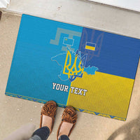 Blue and yellow rubber doormat with Crimea map emblem and custom text near shoes