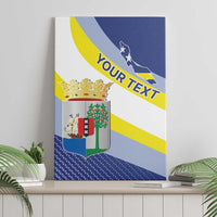 Framed canvas wall art with Curacao coat of arms and blue, yellow, and white flag design