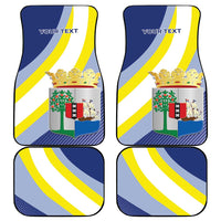 Set of four car mats with blue, white, and yellow diagonal flag stripes and crest