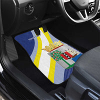 Personalized car floor mat with diagonal blue and yellow stripe flag and coat of arms
