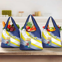 Set of Curacao flag print grocery tote bags, each with your text and coat of arms