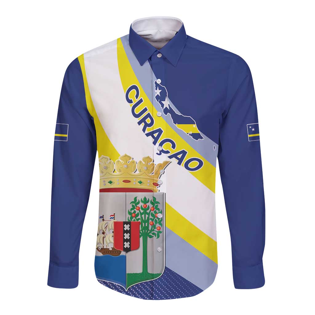 Personalized Curacao Coat of Arms Long Sleeve Button Shirt Map Flag Style