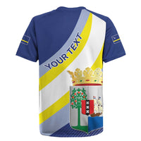 Men's blue rugby jersey with diagonal flag stripes, YOUR TEXT, and crest detail