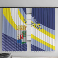 Window curtain panels with blue, yellow, and white stripes and central coat-of-arms crest