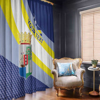 Window curtain panels with diagonal yellow stripes, blue accents, coat-of-arms shield, 'YOUR TEXT'