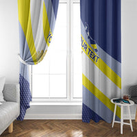 Window curtain panels with diagonal blue and yellow stripes over white fabric; crest detail