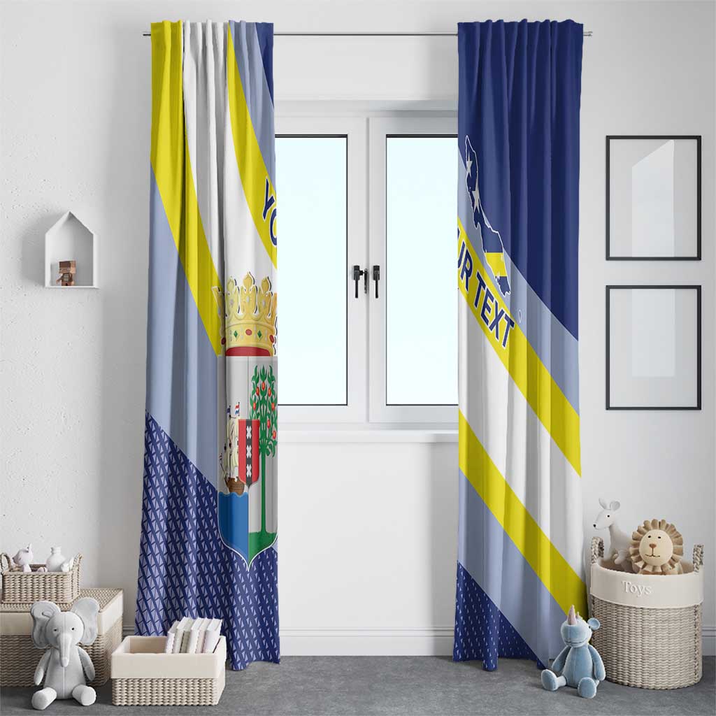 Two window curtain panels with blue, yellow, and white stripe pattern and 'YOUR TEXT' banner