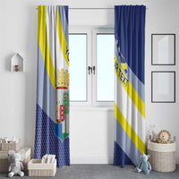 Two window curtain panels with blue, yellow, and white stripe pattern and 'YOUR TEXT' banner
