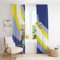 Window curtain panels featuring blue-and-yellow diagonal stripes and large coat-of-arms crest