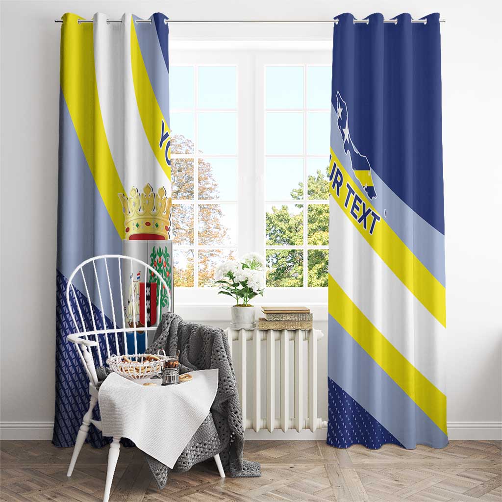 Window curtain set with crest graphic, blue background panel, and diagonal yellow stripe design