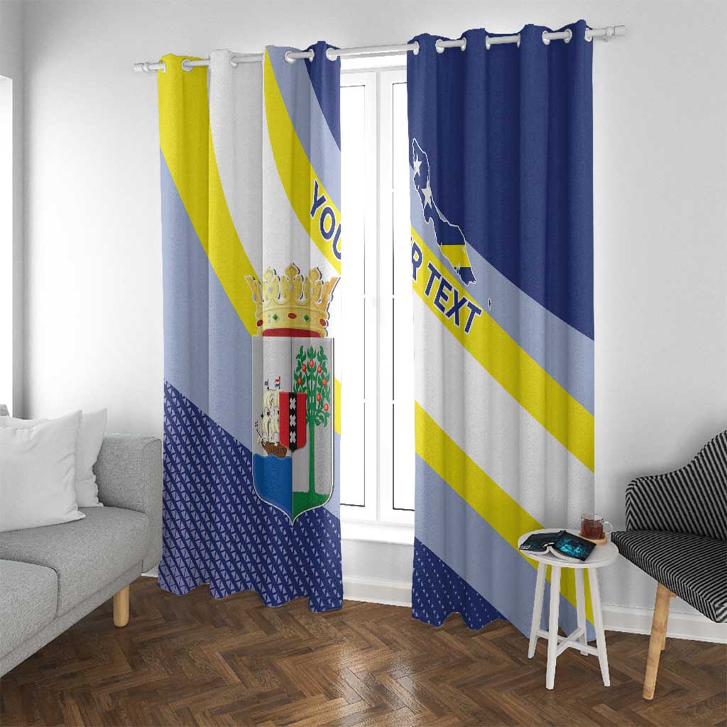 Window curtain panels with blue-and-yellow diagonal stripes and central coat-of-arms shield