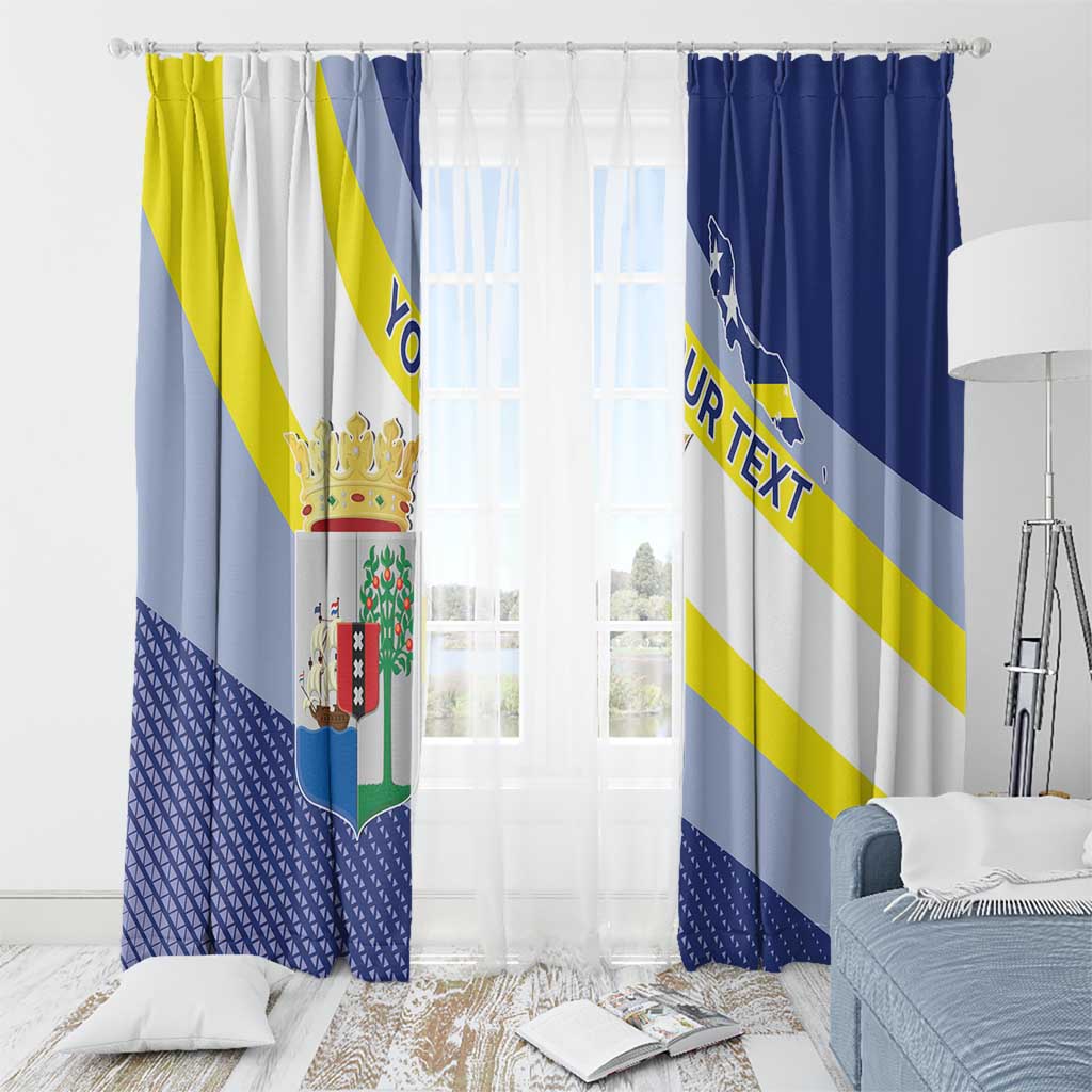 Hanging window curtain panels with blue, yellow, and white diagonal stripes and 'YOUR TEXT'