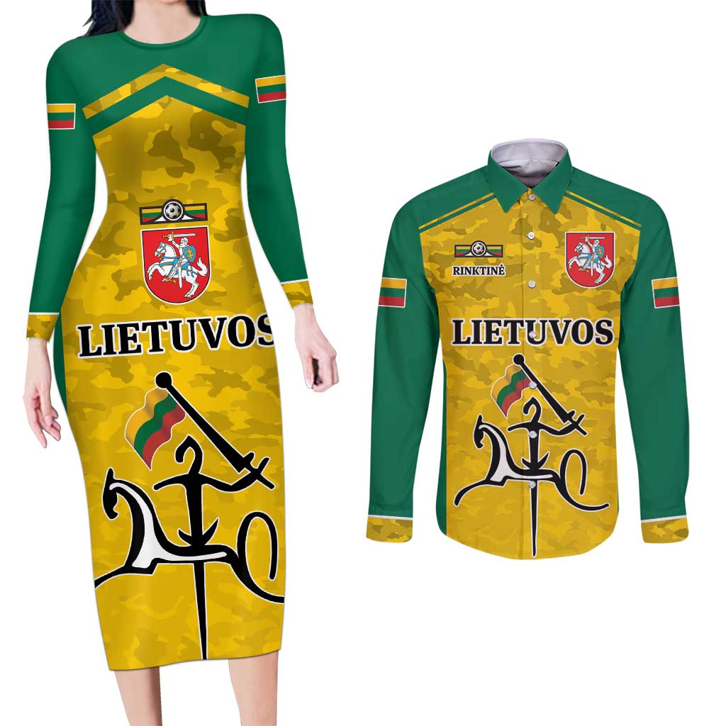 Republic of Lithuania Football Couples Matching Long Sleeve Bodycon Dress and Long Sleeve Button Shirt Sporty Style