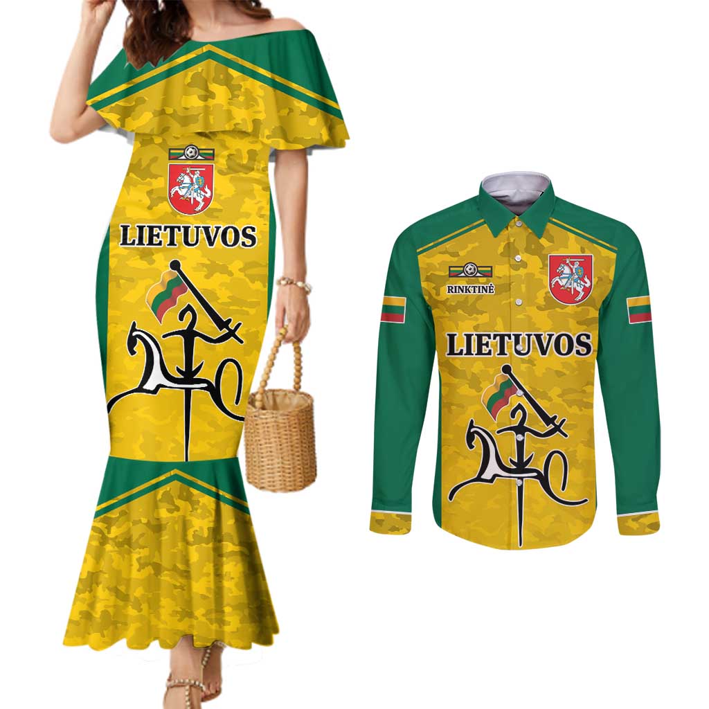 Republic of Lithuania Football Couples Matching Mermaid Dress and Long Sleeve Button Shirt Sporty Style