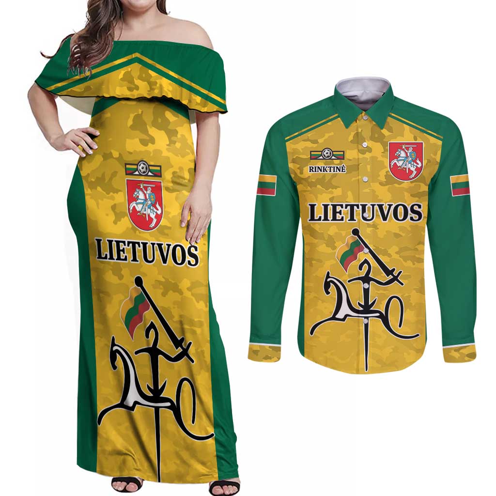 Republic of Lithuania Football Couples Matching Off Shoulder Maxi Dress and Long Sleeve Button Shirt Sporty Style