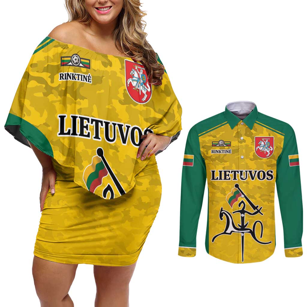 Republic of Lithuania Football Couples Matching Off Shoulder Short Dress and Long Sleeve Button Shirt Sporty Style