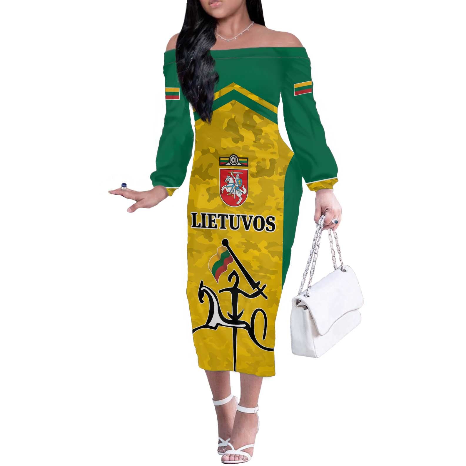 Republic of Lithuania Football Off The Shoulder Long Sleeve Dress Sporty Style