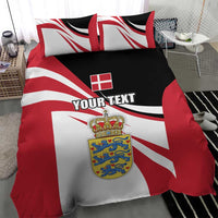 Denmark flag duvet with crest shield, 'YOUR TEXT', and two matching pillows.