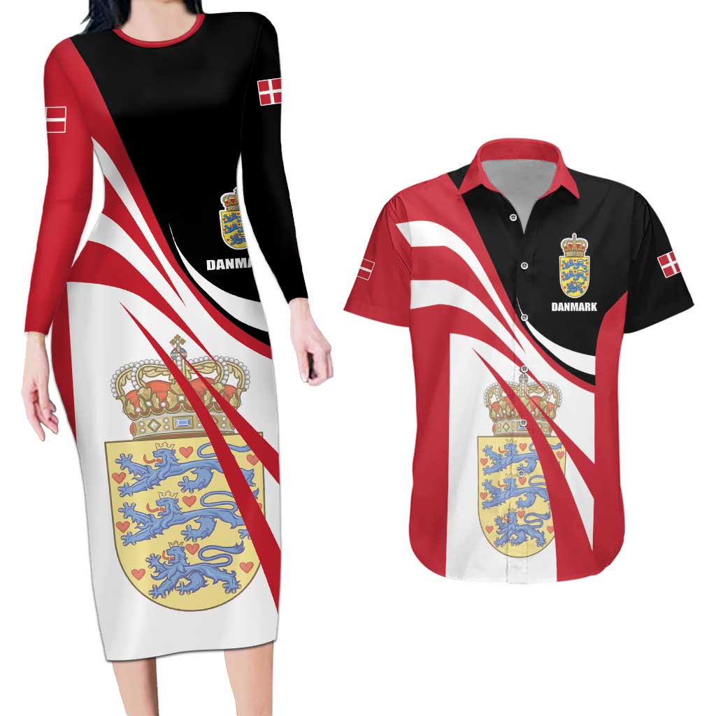 Personalized Danmark Coat of Arms Couples Matching Long Sleeve Bodycon Dress and Hawaiian Shirt Denmark Three Pale Blue Lions