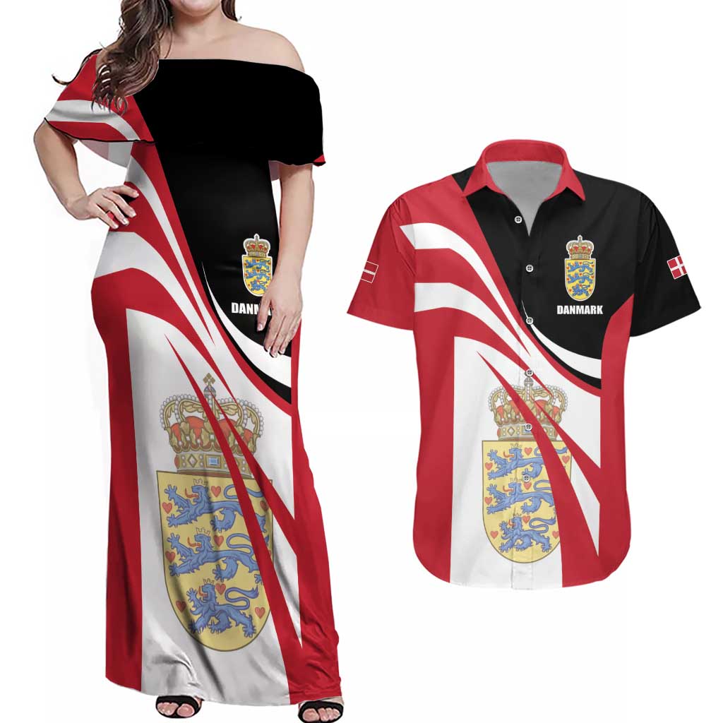 Personalized Danmark Coat of Arms Couples Matching Off Shoulder Maxi Dress and Hawaiian Shirt Denmark Three Pale Blue Lions