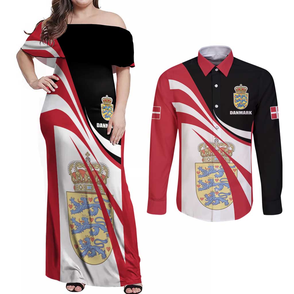 Personalized Danmark Coat of Arms Couples Matching Off Shoulder Maxi Dress and Long Sleeve Button Shirt Denmark Three Pale Blue Lions