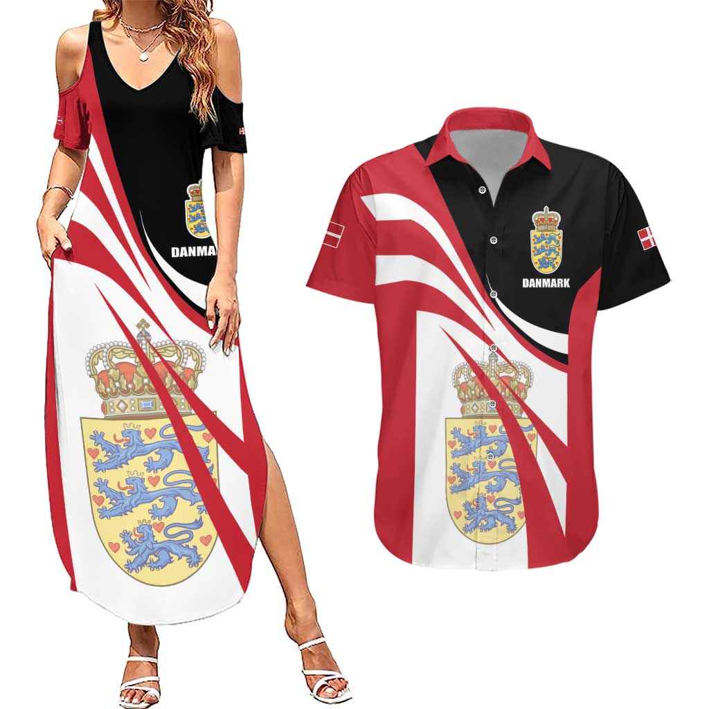 Personalized Danmark Coat of Arms Couples Matching Summer Maxi Dress and Hawaiian Shirt Denmark Three Pale Blue Lions